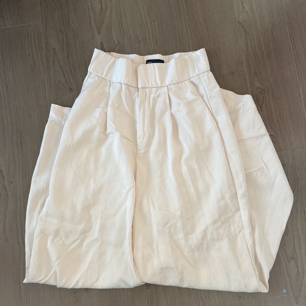 Zara Cream Wide-Leg Linen Blend Pants